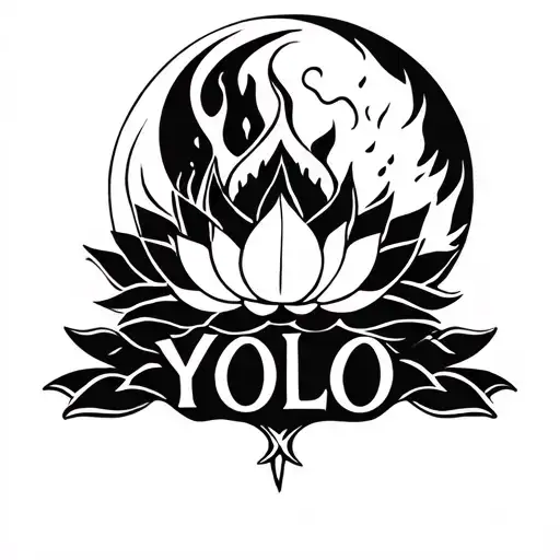 i want a tattoo design encompassing a lotus, a moon, fire a word YOLO tattoo design idea