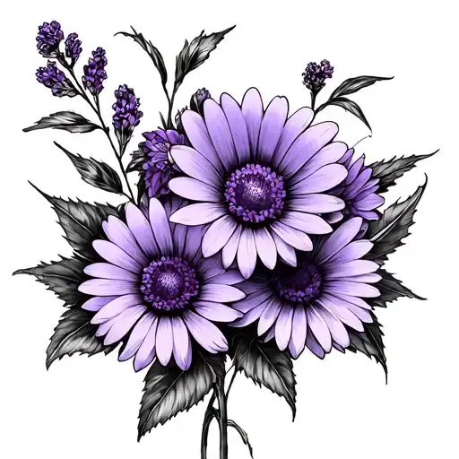 Bouquets of 3 purple flowers jaw and daisy tattoo design idea