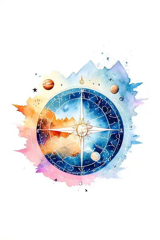 Upper arm sleeve with scattered globe, compass, planets, mountains, tree of life tattoo design idea