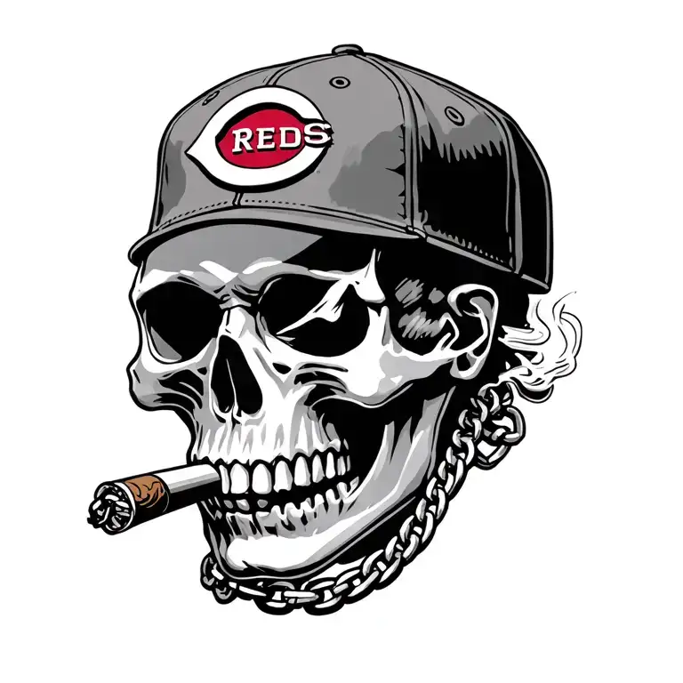 Skull smoking a blunt with a Cincinnati Reds baseball cap and a chain around the neck  tattoo design idea
