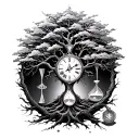 tree of life with a clock, hourglass, and compass tattoo design idea