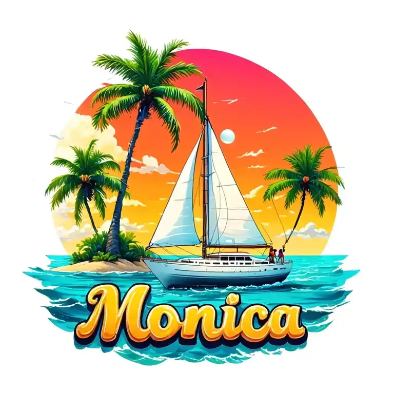 "Monica" "Monica" "Monica" "Monica" foreground white sailboat, sunrise sky small background island with palm tree.  ocean vibrant colors, bubble letters tattoo design idea