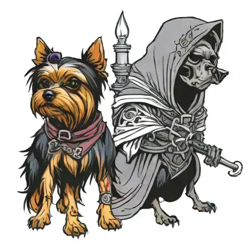 reaper standing next to a little Yorkie who barks at her  tattoo design idea