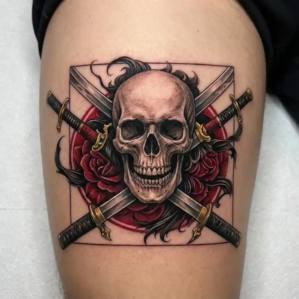 ronin skull 2 katanas crossed tattoo design idea
