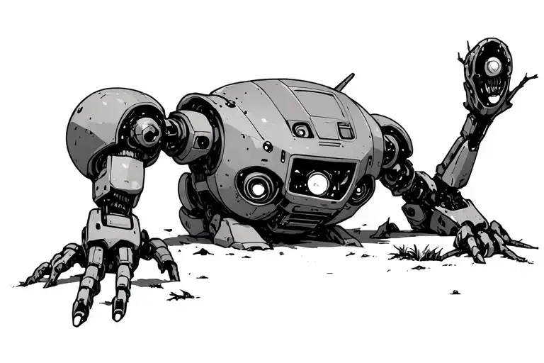Robot carcass in the forest, astroboy, vintage, ghibli studio, iron giant tattoo design idea