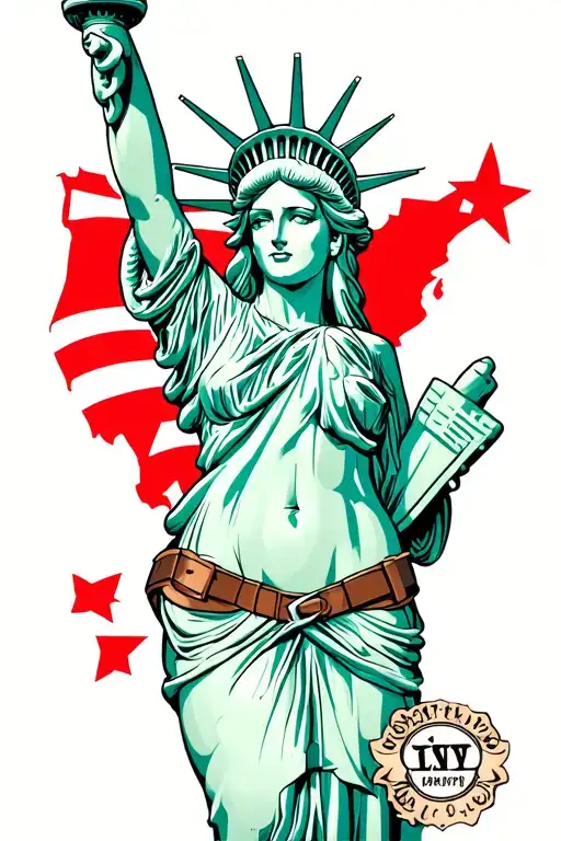 “Tattoo-style illustration of a sexy, rebellious Lady Liberty in a pin-up inspired pose. She shows a bit of skin tattoo design idea