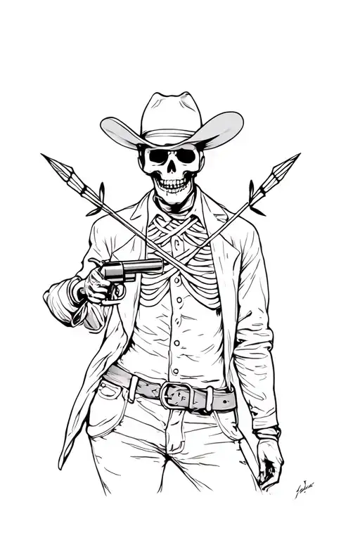 old school skeleton cowboy, Red Dead Redemption 2 style, navy revolver, worn out clothes, 2 arrows crossing the chest tattoo design idea