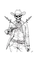 old school skeleton cowboy, Red Dead Redemption 2 style, navy revolver, worn out clothes, 2 arrows crossing the chest tattoo design idea