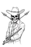 old school skeleton cowboy, Red Dead Redemption 2 style, navy revolver, worn out clothes, 2 arrows crossing the chest tattoo design idea