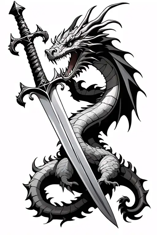 medieval dragon wrapped around a knights sword tattoo design idea