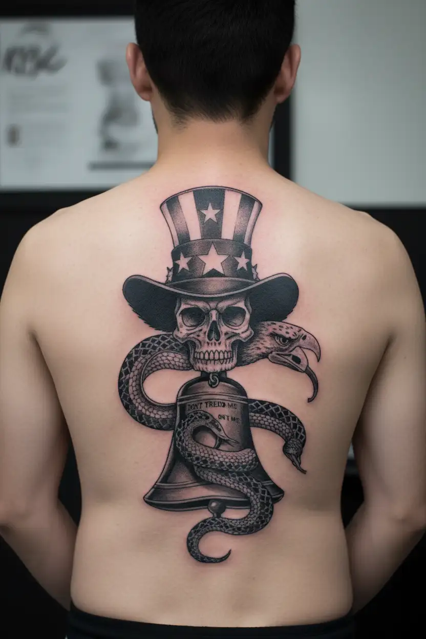 patriotic sleeve skull of uncle sam, liberty bell, eagle, dont tread on me snake tattoo design idea