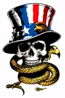 patriotic sleeve skull of uncle sam, liberty bell, eagle, dont tread on me snake tattoo design idea