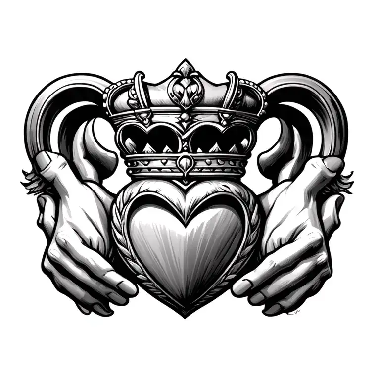 masculine claddagh design with detailed shading and heart crown and hands clearly visible tattoo design idea