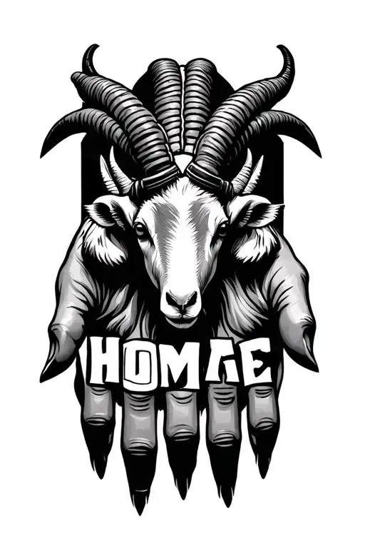 the word "HOMAGE" distributed each letter on each finger of the hand, and some horns or goats on each little finger of the hand tattoo design idea