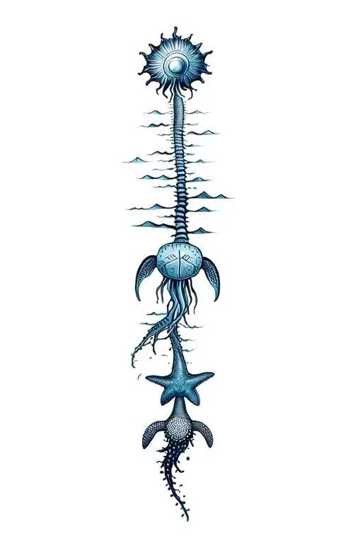 a spine tat with top to bottom of sun, conch shell, sand dollar, whale shark, sea turtle, star fish, lastly a jelly fish tattoo design idea