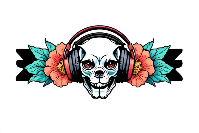dog skull wearing headphones tattoo design idea