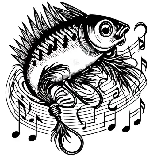 A detailed blackwork tattoo of a fishing lure intertwined with musical notes tattoo design idea