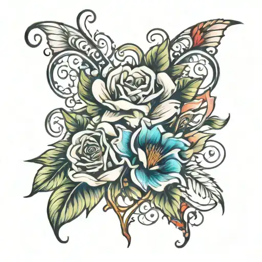 Create a realistic tattoo design on a white background, featuring vibrant, detailed flowers and intertwined hearts. The  tattoo design idea