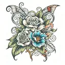 Create a realistic tattoo design on a white background, featuring vibrant, detailed flowers and intertwined hearts. The  tattoo design idea