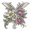 Create a realistic tattoo design on a white background, featuring vibrant, detailed flowers and intertwined hearts. The  tattoo design idea