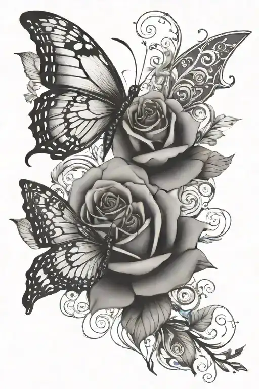 butterfly tattoo, scroll wrapped, roses intertwined tattoo design idea