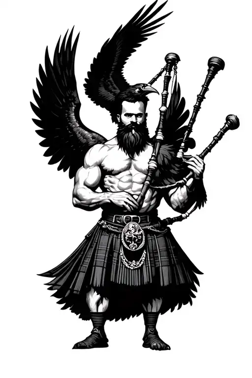 muscular bagpiper bald black beard black huge wings on his back playing the bagpipes flying crow with claws tattoo design idea