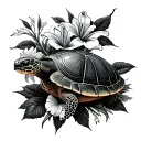 turtle with lilies,roses and hibiscus flower surrounded tattoo design idea