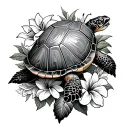 turtle with lilies,roses and hibiscus flower surrounded tattoo design idea