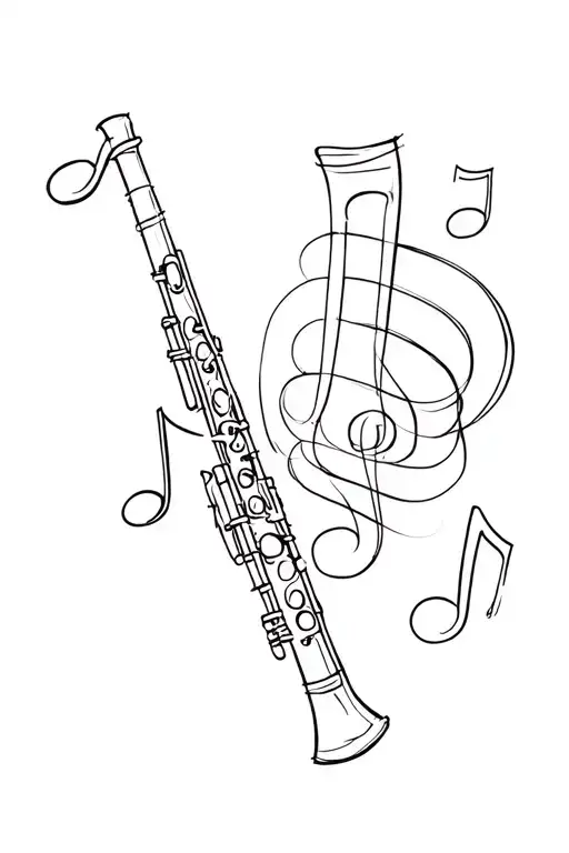 a simple clarinet with a whole note, half note, eighth note, and triplet surrounding it tattoo design idea