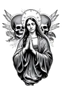 saint mary praying grand theft auto with skulls in the background tattoo design idea