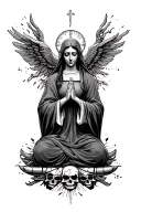 saint mary praying grand theft auto with skulls in the background tattoo design idea