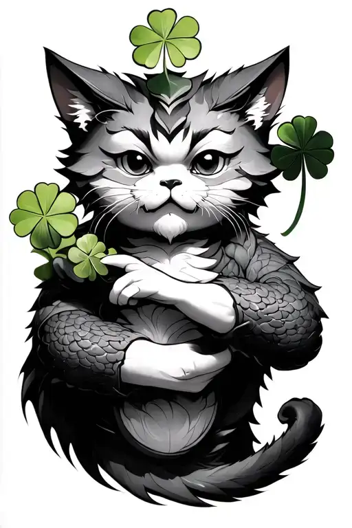 Manek-Neko holds a four-leaf clover in a paw, and the dragon wraps his hand. tattoo design idea
