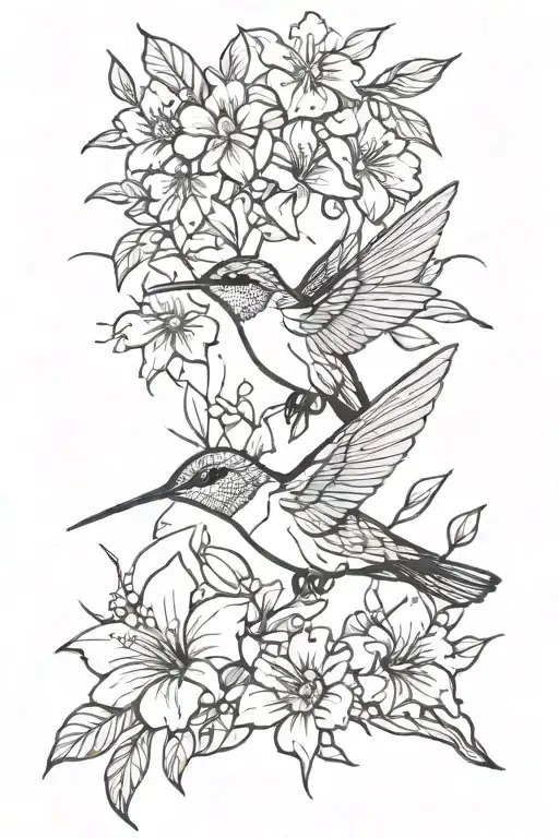 humming bird with flowers tattoo design idea