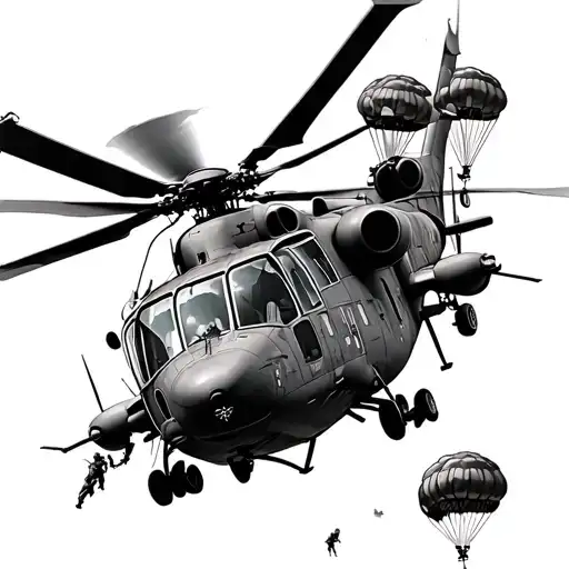 falling czech army helicopter with paratroopers jumping out tattoo design idea