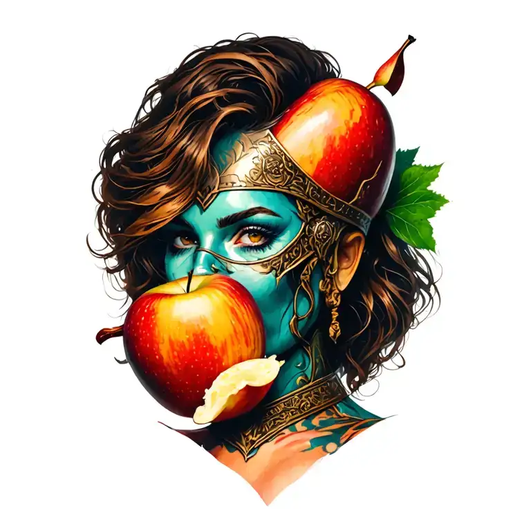 lady spartin warrior,  eating apple tattoo design idea