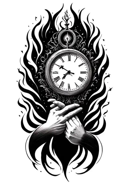 holding hands holding each other with a clock and twin flames tattoo design idea