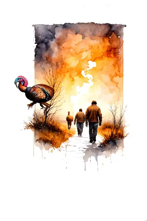 leg sleeve tattoo design. with a turkey gobbling, father and son walking away in distance, shot shotgun shell smoking,  tattoo design idea