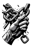 A hand holding a heavy chain, but the chain is breaking apart, symbolizing the act of letting go of burdens. The broken  tattoo design idea