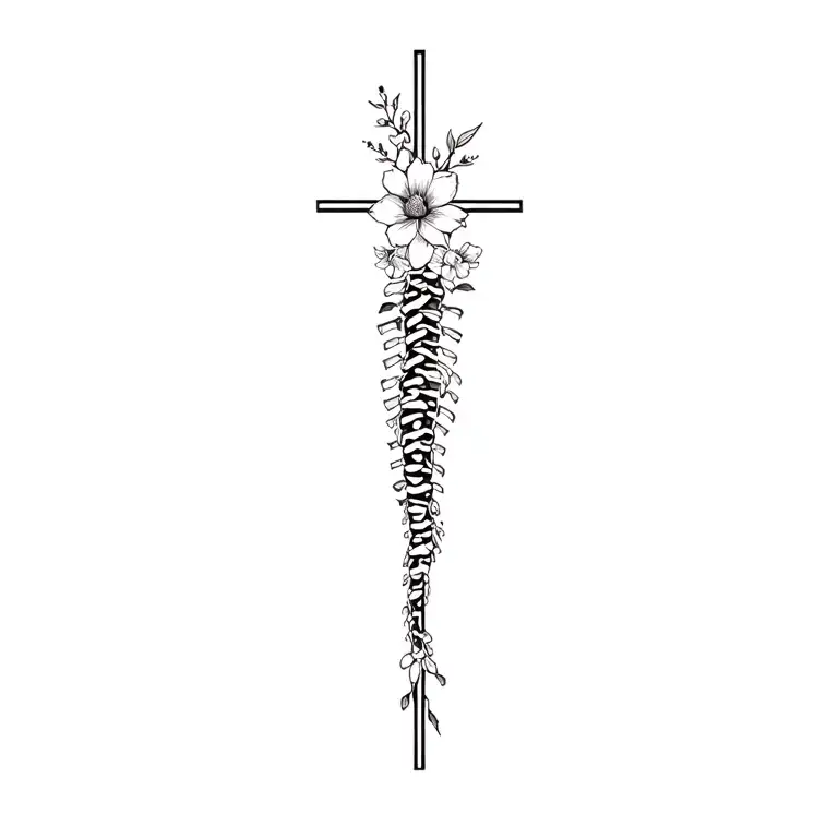 vertical fineline western Christian spine tattoo with flowers tattoo design idea