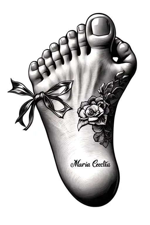 A child foot with the name Maria Cecilia below tattoo design idea