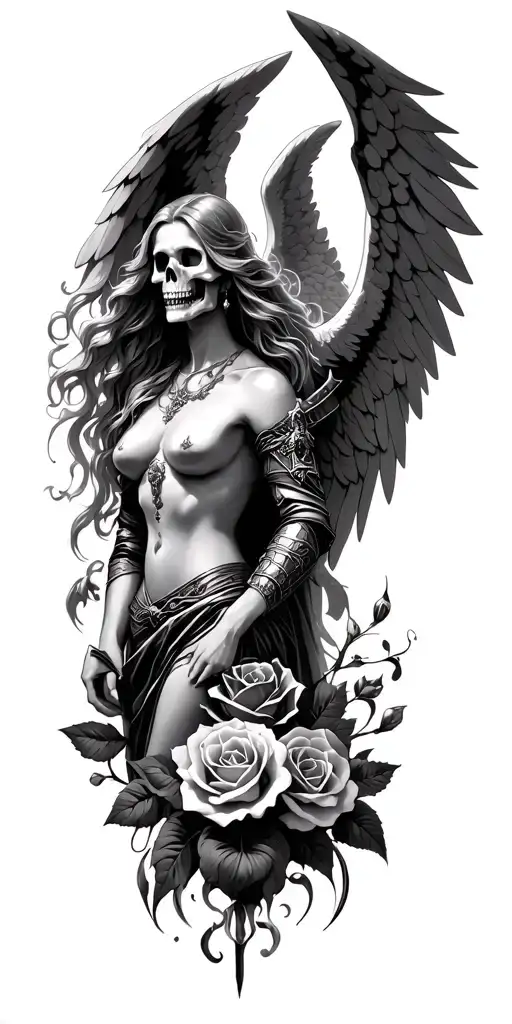 heaven and hell with skulls, roses, warrior angel tattoo design idea