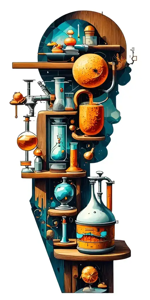 collage narrative of elements of science, woodworking, symbols of family,whimsy, geometric, funny scene, resilience tattoo design idea