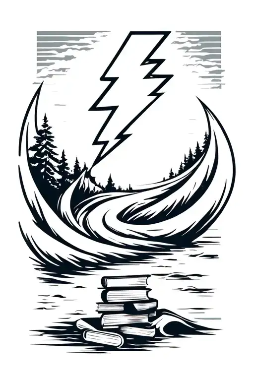 A stylized lightning bolt intertwined with a flowing river and a stack of books, symbolizing the power of nature and knowledge tattoo design idea