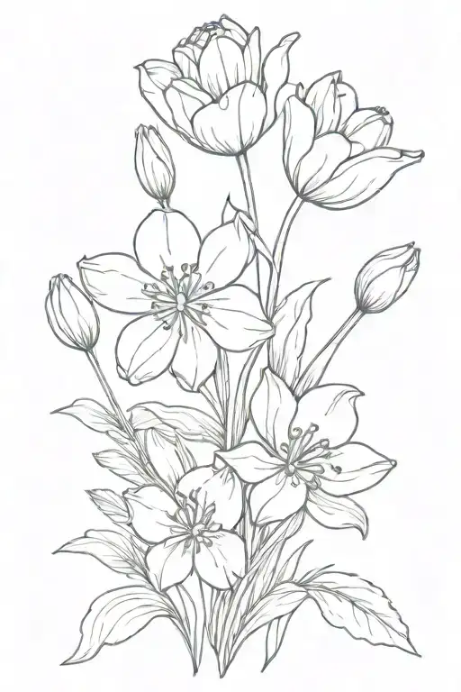 Flowers (tulips, roses, buttercups, daisy, lilly of the valley, hawthorne) tattoo design idea