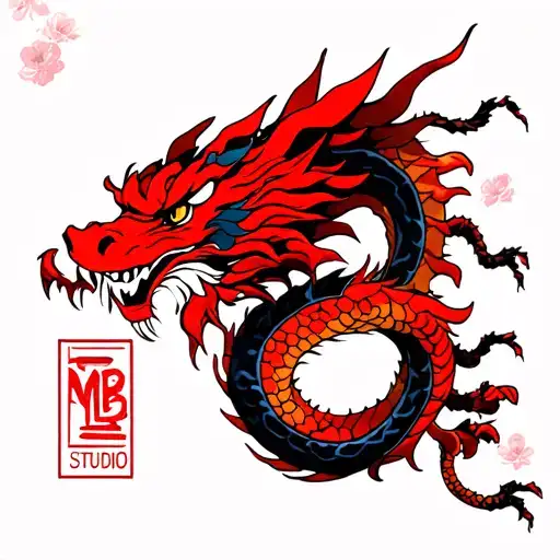 Easy and simple japanese style red dragon with sakuras and MB Studio banner tattoo design idea