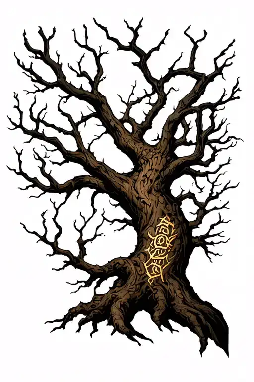 tree is bare branched covers the whole back.  "Gomez" in  furthark runic horizontal in the outline. no shading tattoo design idea
