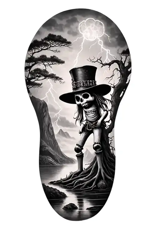 voodoo doll with cylinder hat and lightining storm and fjord and nature, big tree tattoo design idea