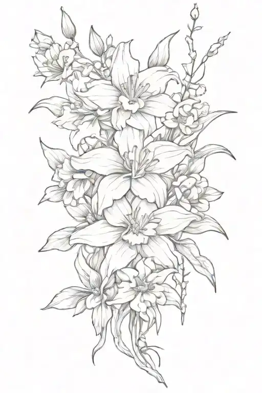 daffodils, larkspur, honeysuckle, daisies, with vines and leaves tattoo design idea