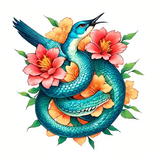 songbird snakes intertwined with flowers intertwined tattoo design idea
