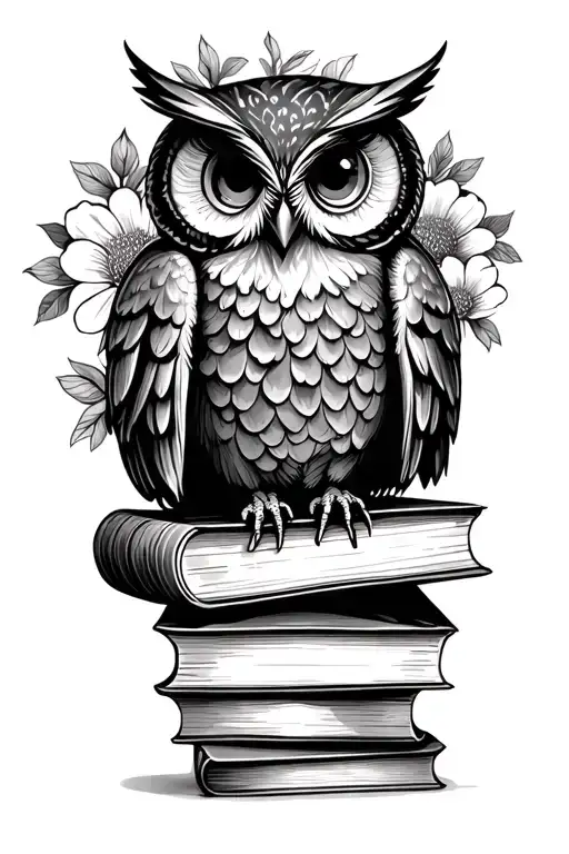 cute owl sitting on stack of antique books with flowers in background tattoo design idea